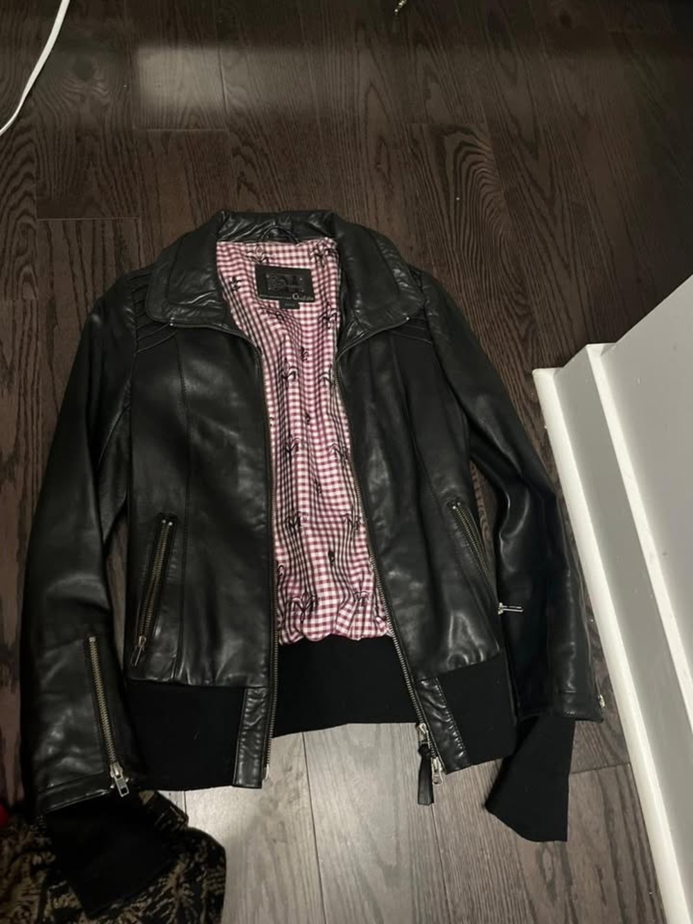Aritzia Black Leather Jacket with Pink Gingham Lining